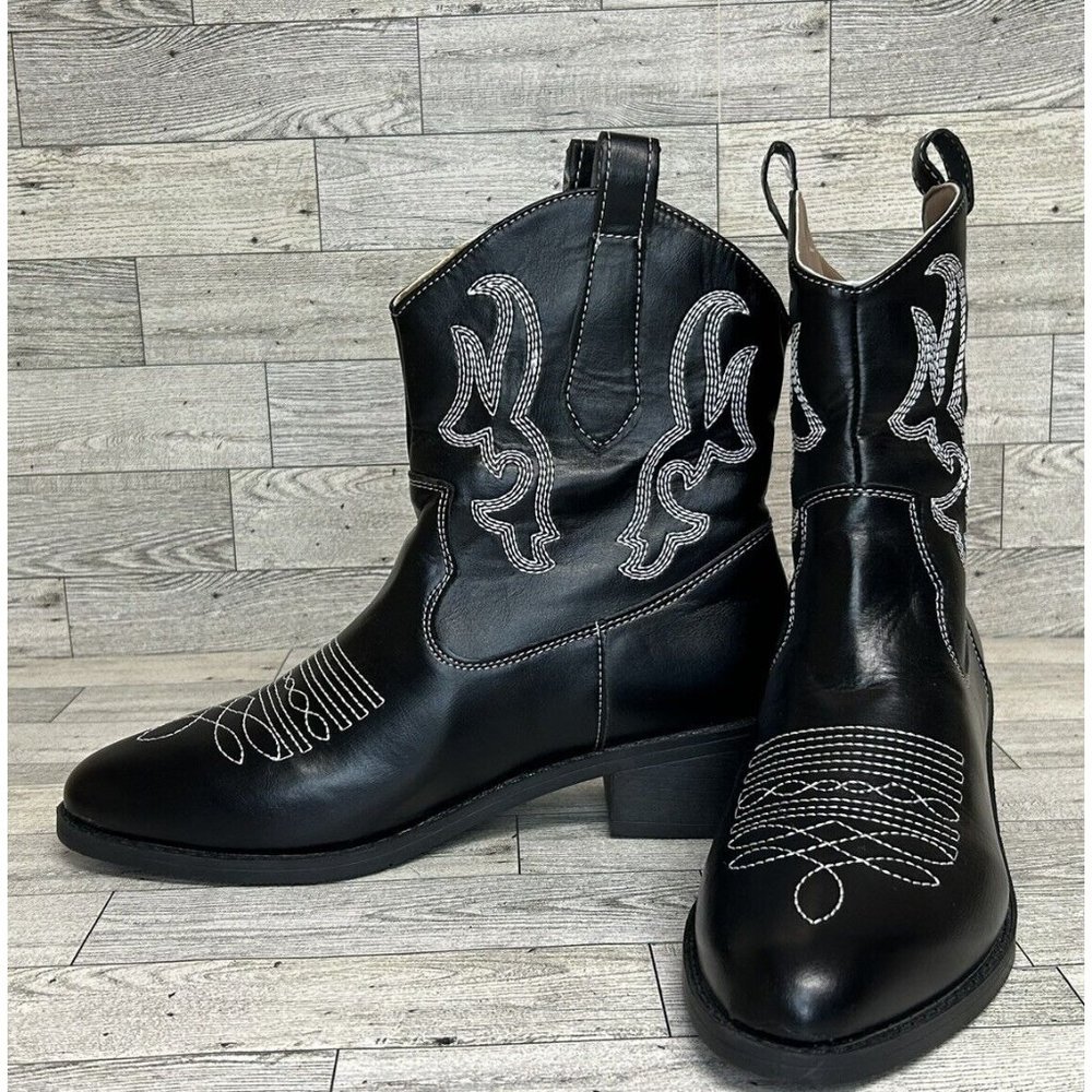 Women's Pointed Toe Embroidered Sleeve Boots Thick Heels Mid-Calf New Sz 10US